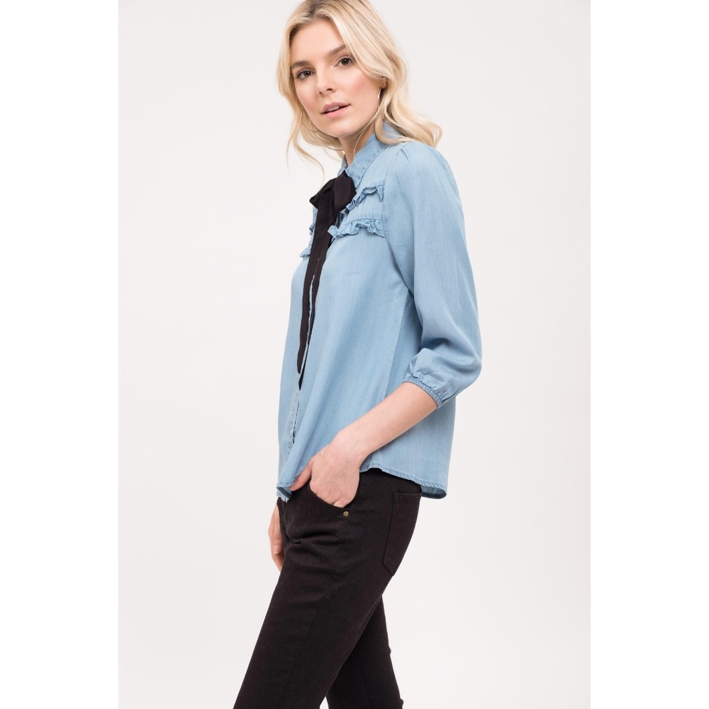 Button Up Top 3/4 Sleeve Ribbon Tie With Ruffles - Picture 6 of 7